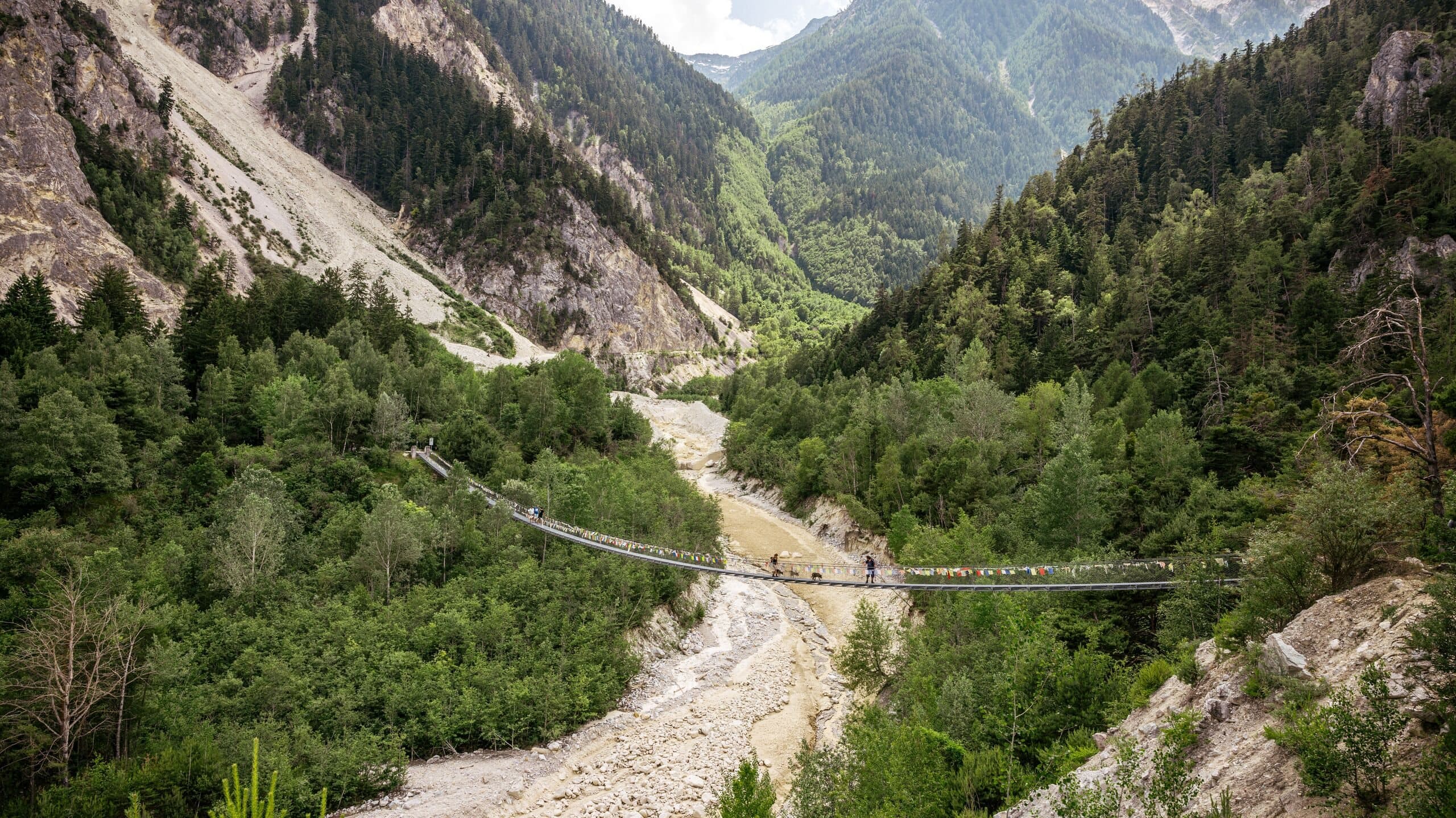 Le pont suspendu bhoutanais tendu au-dessus de la gorge de l'Illgraben, entre les forêts de Finges et les sommets.